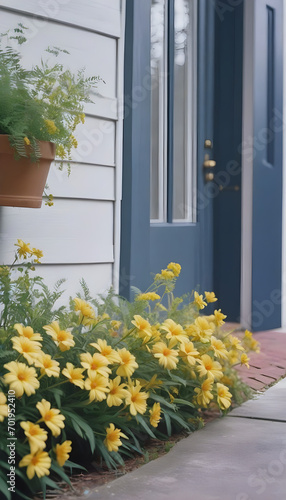 Wall exterior siding house architecture sidewalk and multicolored yellow flowers in planter as decorations in Charleston  South Carolina