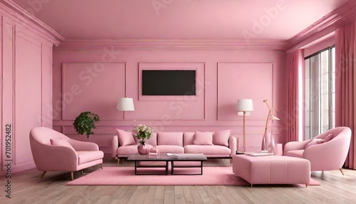 Luxury Pink minimalistic modern retro barbiecore living room interior 