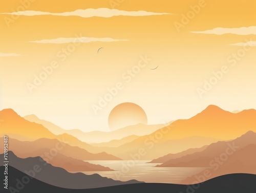 Sunset in the mountains. Sunrise over the lake. illustration Generative AI