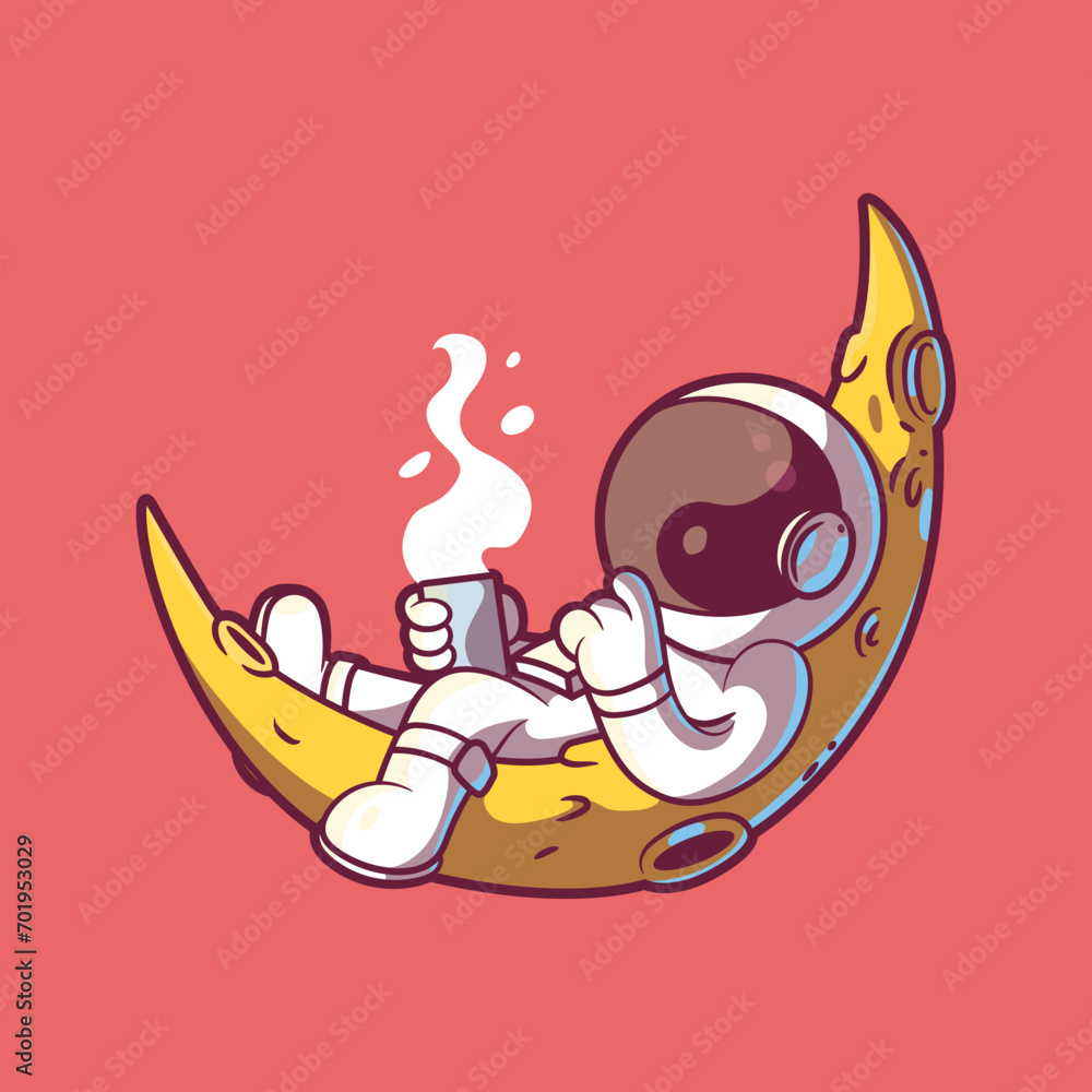 Obraz premium Astronaut drinking coffee in space seated on the moon vector illustration. Drinks, space, exploration design concept. 