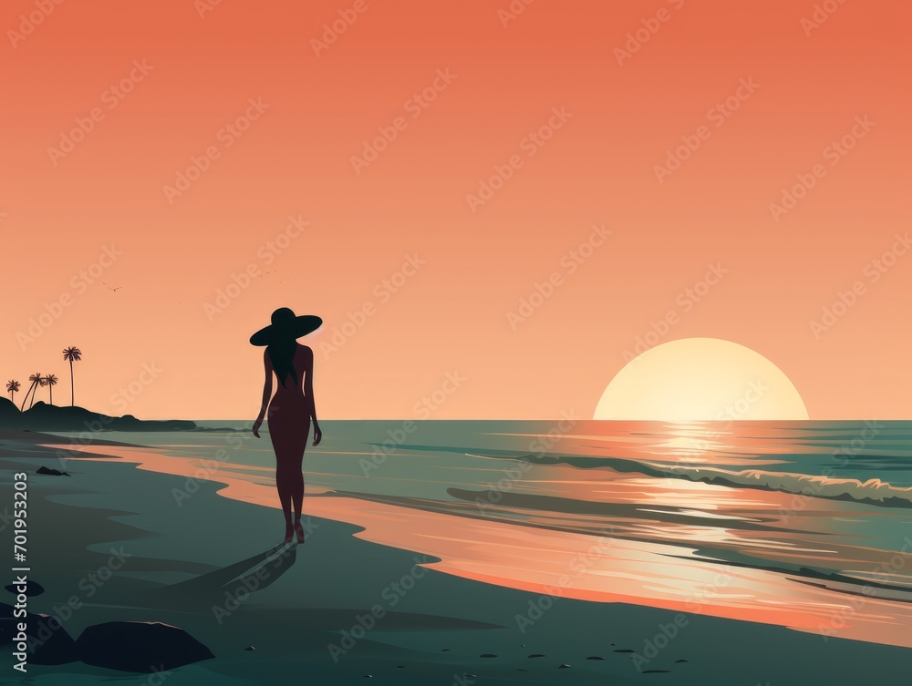 beautiful woman on the beach at sunset, vector illustration, EPS10 Generative AI