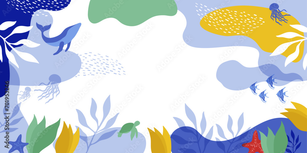 Marine background with jellyfish, fish, turtle, algae, plants. Background with space for text in the center.