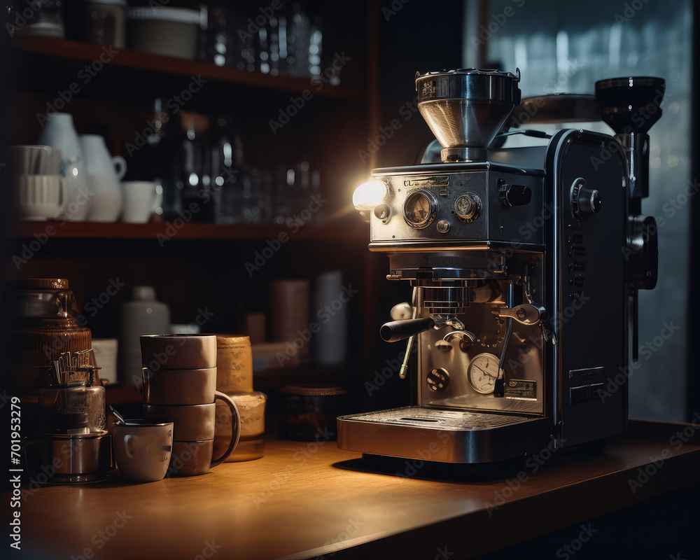 Coffee machine cinematic shot. A coffee machine sitting on top of a wooden counter Coffee machine cinematic shot. A coffee machine sitting on top of a wooden counter