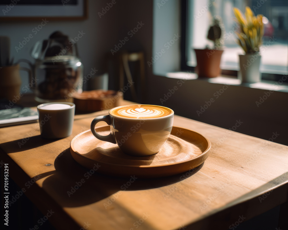 Cortado latte art in a ceramic cup. A cup of coffee sitting on top of a wooden table Cortado latte art in a ceramic cup. A cup of coffee sitting on top of a wooden table