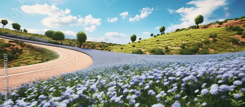 winding road in the middle of flower fields with a bright blue sky