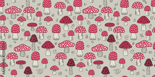 Bright fly agarics, poisonous mushrooms. Vector mushroom pattern with hand drawn mushrooms. For vector print, cups, notebooks.