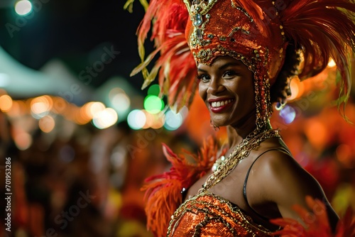 Latin woman, samba dancer dancing on the streets during carnival