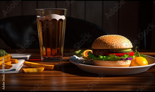 Hamburger with fries. A hamburger and a glass of beer on a table