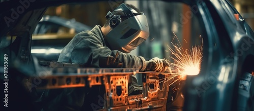 workers are doing argon welding making a car
