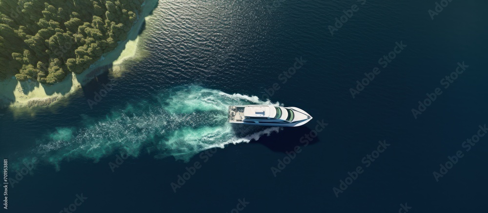 Beautiful aerial view of speedboat near a green cliff island - obrazy, fototapety, plakaty 