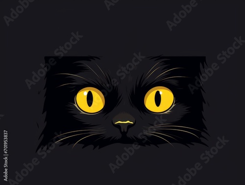 Cute black cat with yellow eyes on a black background. illustration Generative AI