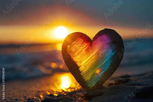 colorful glass heart in the rays of the morning summer sun.
