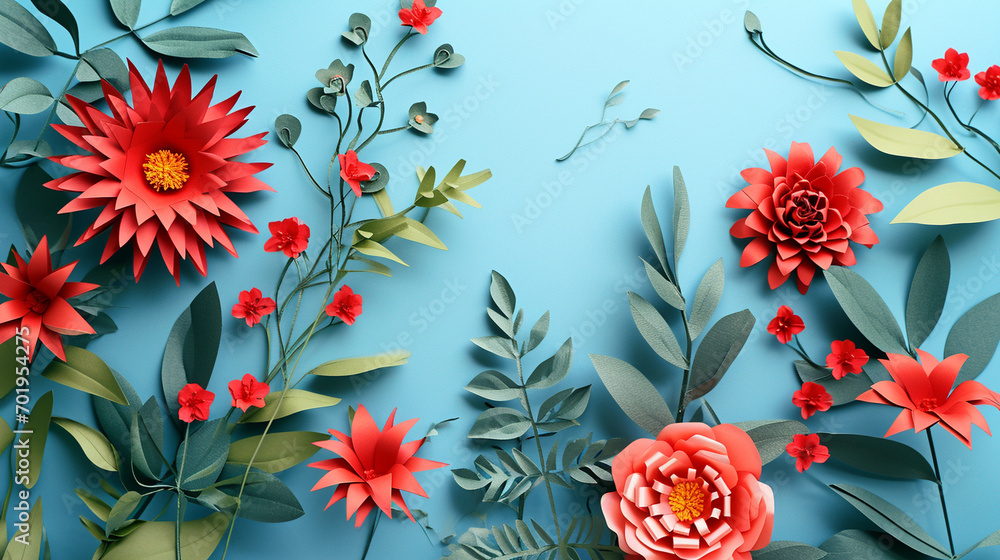 Red paper cut flowers and green leaves on a calming blue background, offering ample copy space.