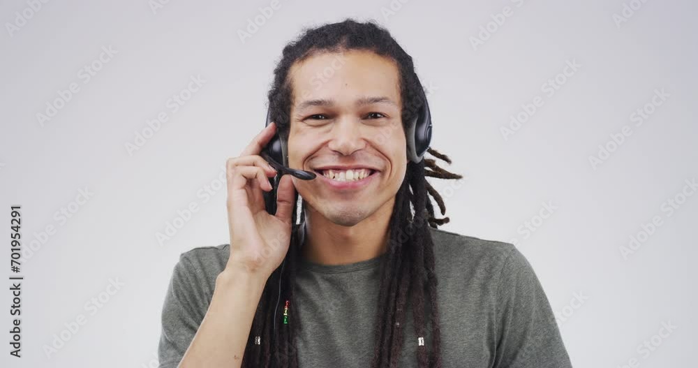 Happy, consultant and portrait in call center with support, advice and customer service. Man, speaking or contact us for telemarketing, help desk or agent in communication on studio white background Happy, consultant and portrait in call center with support, advice and customer service. Man, speaking or contact us for telemarketing, help desk or agent in communication on studio white background