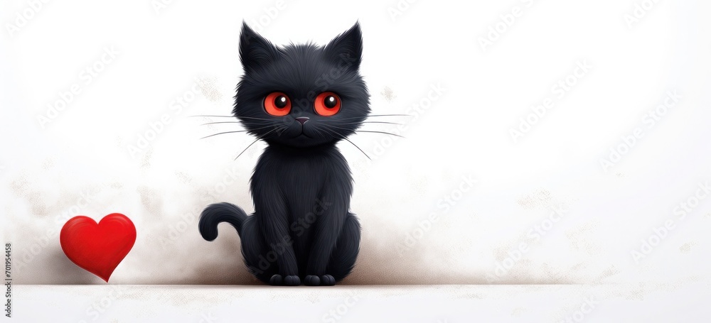 Cute black cartoon cat with glowing red eyes next to red heart. Valentine's Day greeting card. Banner.