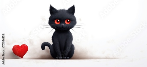 Cute black cartoon cat with glowing red eyes next to red heart. Valentine's Day greeting card. Banner.