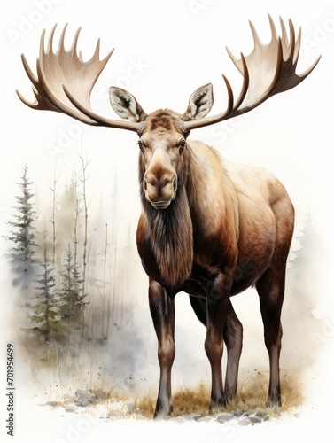 Majestic Moose with Large Palmate Antlers in Watercolor AI Generated