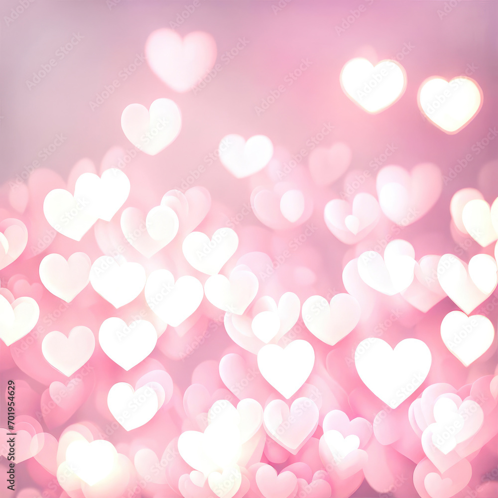 White bokeh hearts on pastel pink background