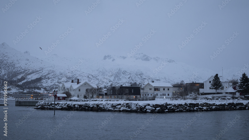 Twilight Over Modern Waterfront Residences in Lofoten, Norway