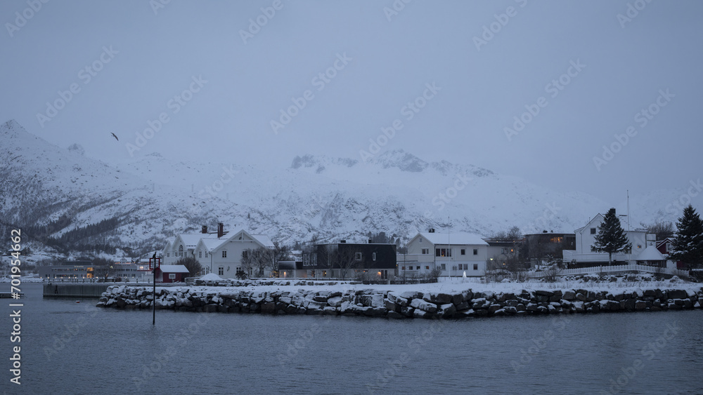 Fototapeta premium Twilight Over Modern Waterfront Residences in Lofoten, Norway