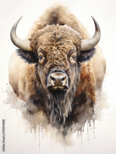 Powerful Bison in Watercolor AI Generated