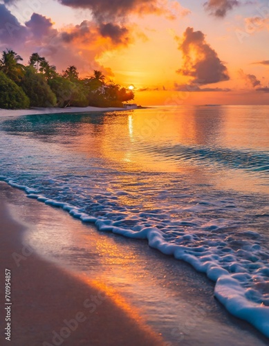 Fantastic closeup view of calm sea water waves with orange sunrise sunset sunlight.