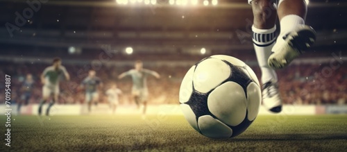 Soccer player's feet kick the soccer ball for kick - off in the stadium photo