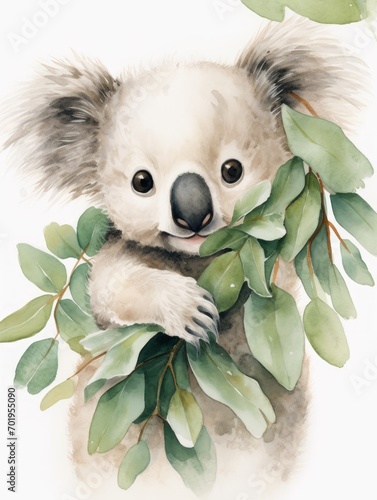 Adorable Koala Clinging to Eucalyptus Branch in Watercolor AI Generated