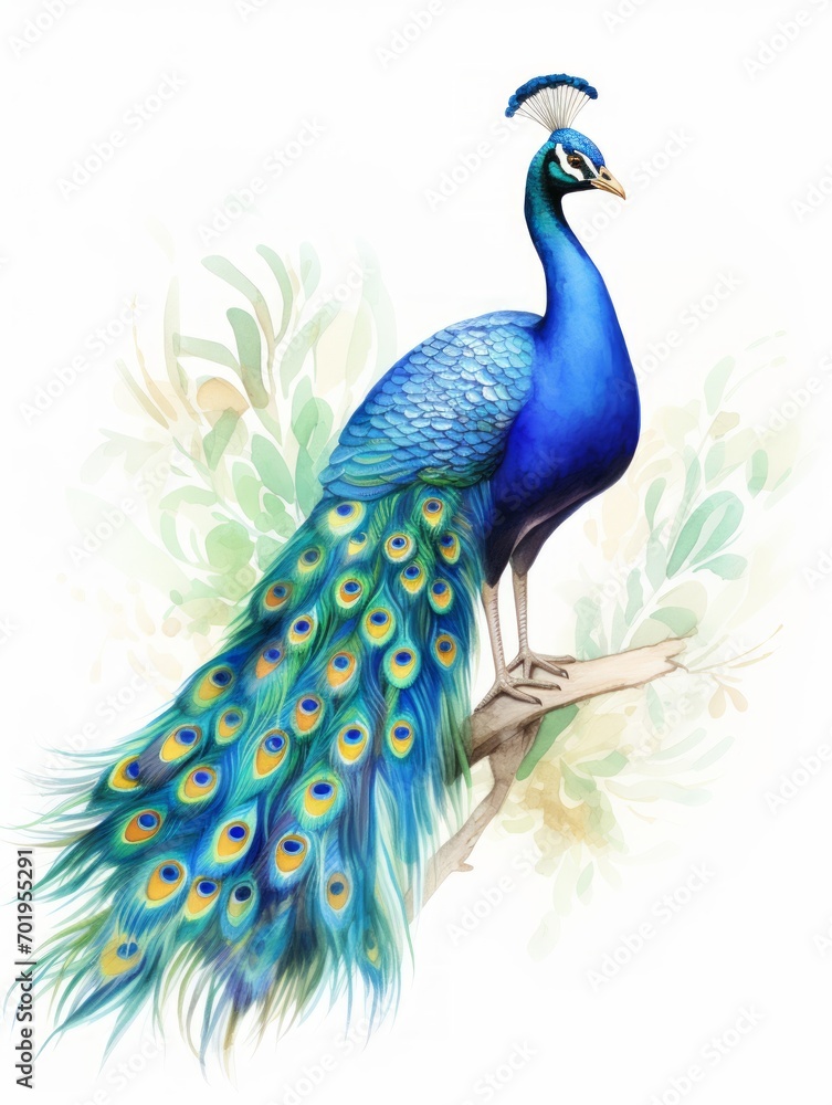 Fototapeta premium Exotic Peacock Displaying Colorful Feathers in Watercolor AI Generated