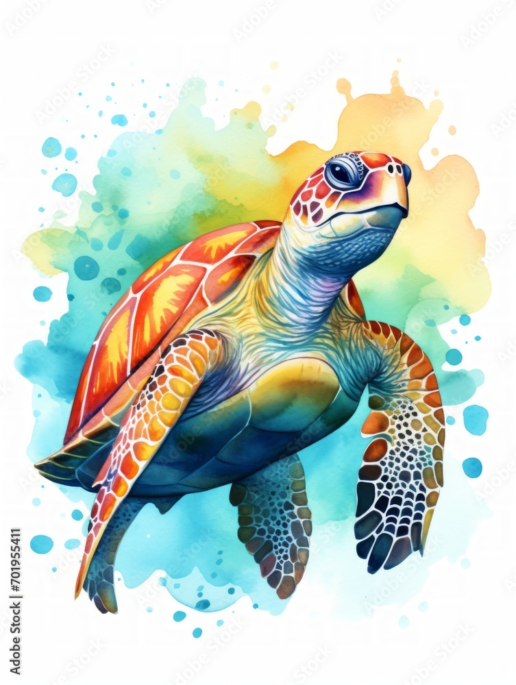 Vibrant Watercolor Sea Turtle with Patterned Shell AI Generated