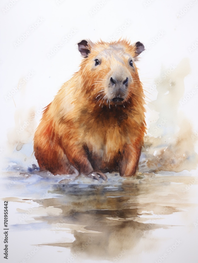 Obraz premium Capybara Lounging Near Water: Watercolor Illustration AI Generated