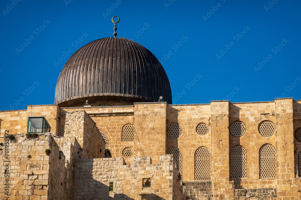 Al-Aqsa Mosque seen from the Western Wall under blue sky, Jerusalem, Israel
