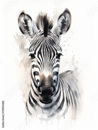Watercolor Zebra on White Canvas AI Generated