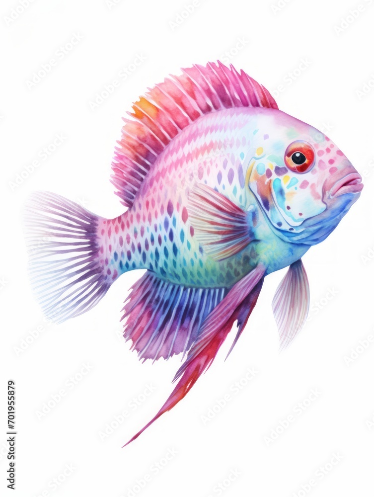Fototapeta premium Vibrant Jewel Cichlid Swimming in Watercolor AI Generated