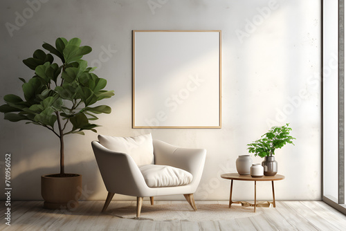 Blank poster frame mockup interior of a modern living room with a wooden chair