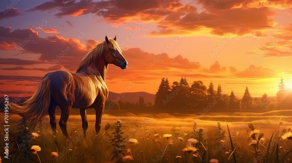 A horse in a meadow in a sunset light A horse in a meadow in a sunset light
