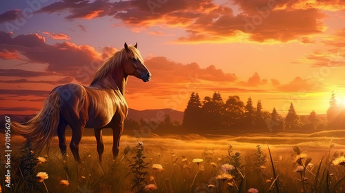 A horse in a meadow in a sunset light