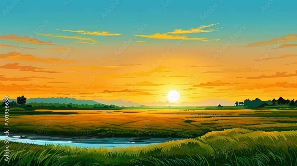 Landscape with the setting sun on the horizon