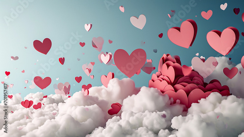 Surreal composition of paper hearts as celestial jewels above clouds on Valentine's Day, providing copyspace for your text. 
