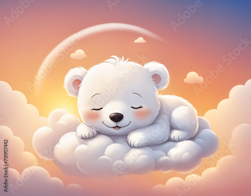 Illustration of a cute smiling little white bear sleeping on a cloud with closed eyes, surrounded by the warm colors of the sunset, creating a cozy and relaxed atmosphere. Generative AI