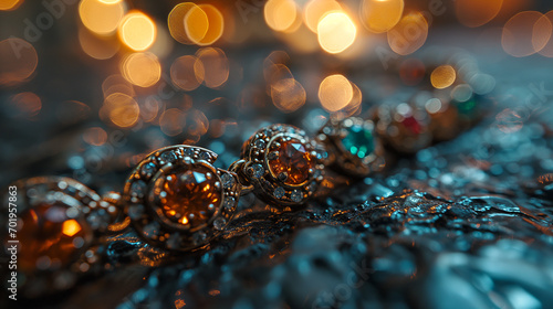 Luxurious old French style necklace, gold and diamonds, cyberpunk elements, bright tangerine and deep cyan colors, isolated, commercial luxury photo, high-resolution © Alex