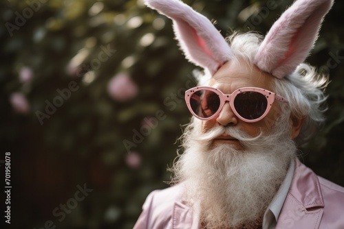Confident and stylish senior man celebrating Easter with a trendy twist, participating in an egg hunt with festive fashion.