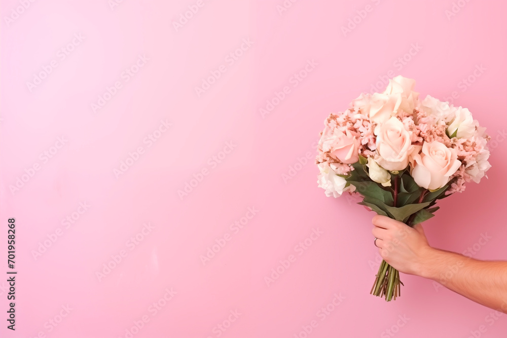 Male hand holding bouquet of pink rose flowers. Flower courier. Delivery flowers at Valentine's day concept or birthday. Male hand holding bouquet of pink rose flowers. Flower courier. Delivery flowers at Valentine's day concept or birthday.