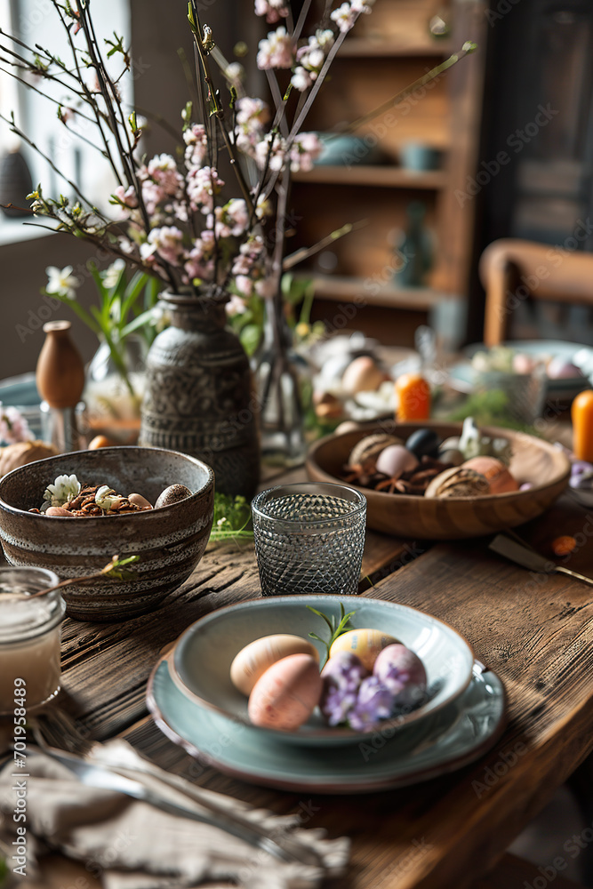 Banner of a rustic Easter brunch setting with copy space.