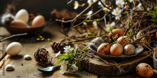 Banner of a rustic Easter brunch setting with copy space.