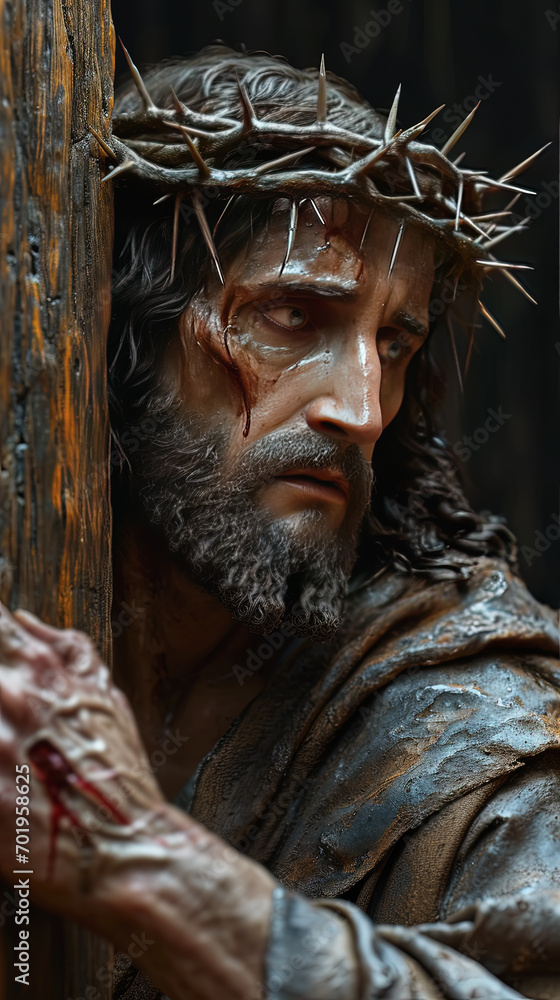 escultura de jesucristo portando la corona de espinas y agarrado a la cruz, camino a su crucifixion sobre fondo oscuro
