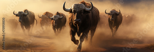 A herd of bulls runs through the desert