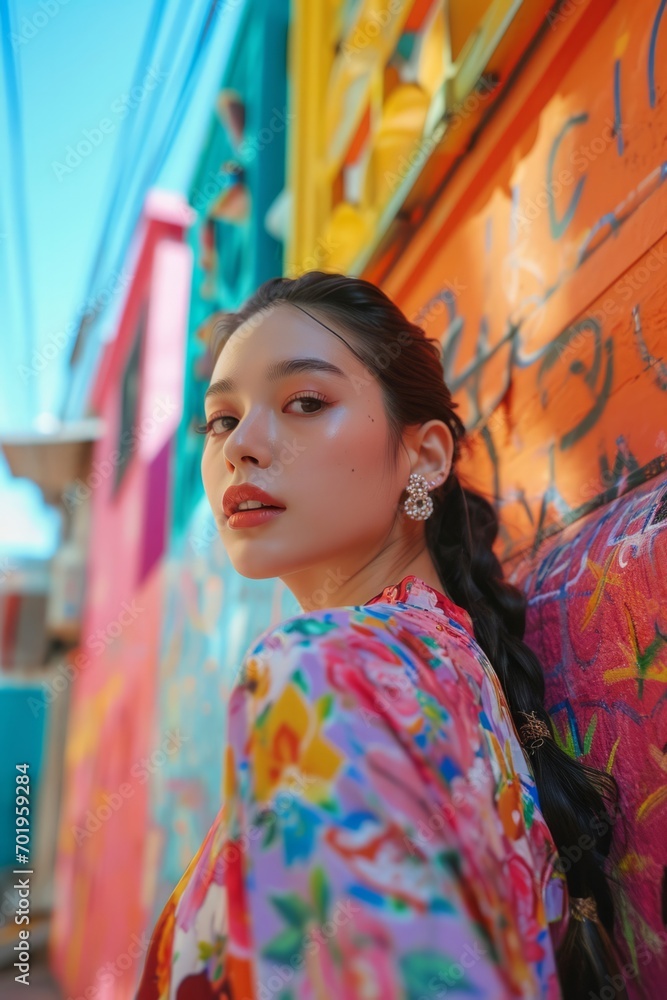 Young woman influencer taking selfie in colorful urban setting Young woman influencer taking selfie in colorful urban setting