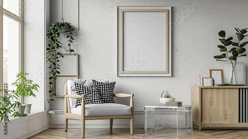 White empty frame mockup above a clear acrylic chair with a polka dot pattern in the living room. 