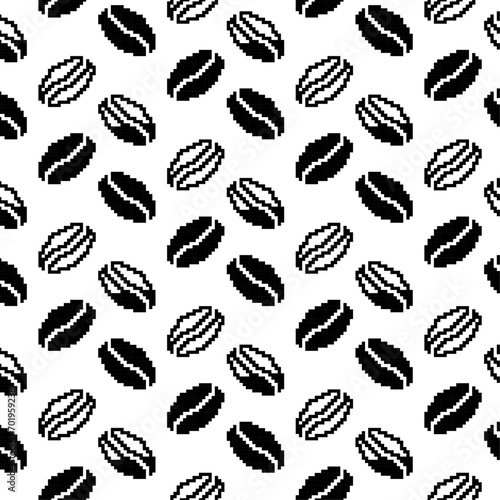 Pixel art design seamless pattern with coffee beans isolated on transparent background. Pixel art 8 bit design. Simple coffee pixelization cafe design